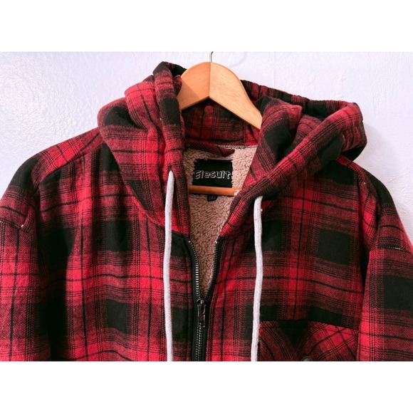 Elesuit Men's‎ Red Black Plaid Fleece Lined Hooded Flannel Jacket 2XL - Picture 4 of 12